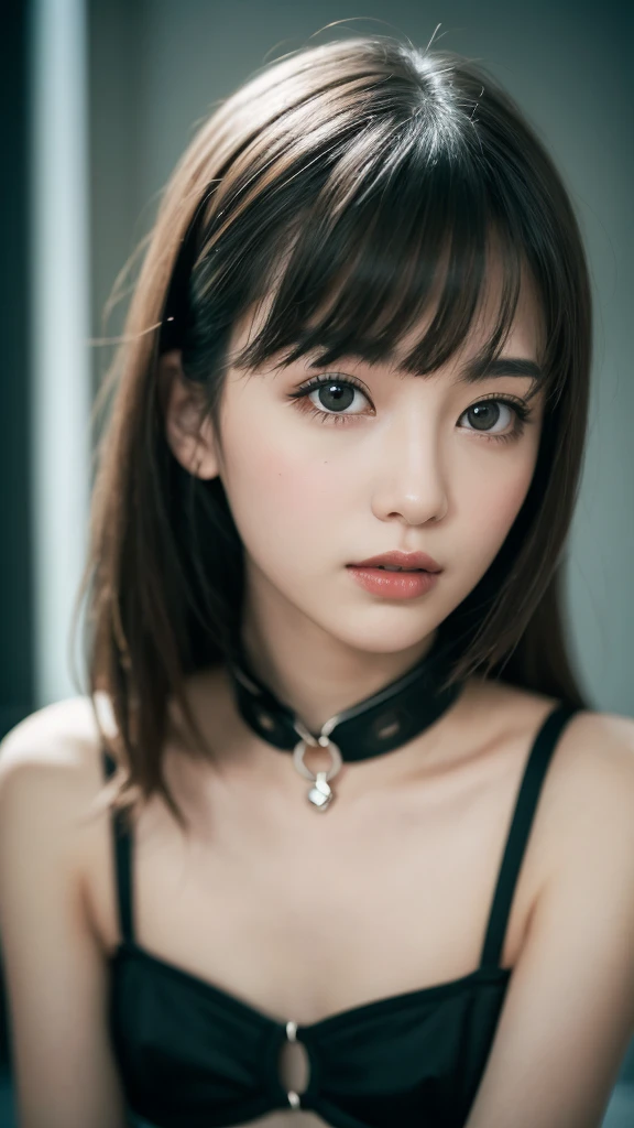 Browsing Caution, masterpiece, Highest quality, 8k, 1 girl, 20 I, Please open your mouth a little, Ambiguous language, close, close up of face, alone, cute, Girlish, Delicate girl, Pure beauty,  RAW Photos, Professional photography, Portraiture, Soft Light, Professional Lighting, Backlight, I look forward to meeting you, Sophisticated, Film Grain, (Eye and facial details:1.0), Big breasts and long hair floating, Black corset, bondage, collar,beautiful, Flowing Hair, Hunchback、bangs, whole body