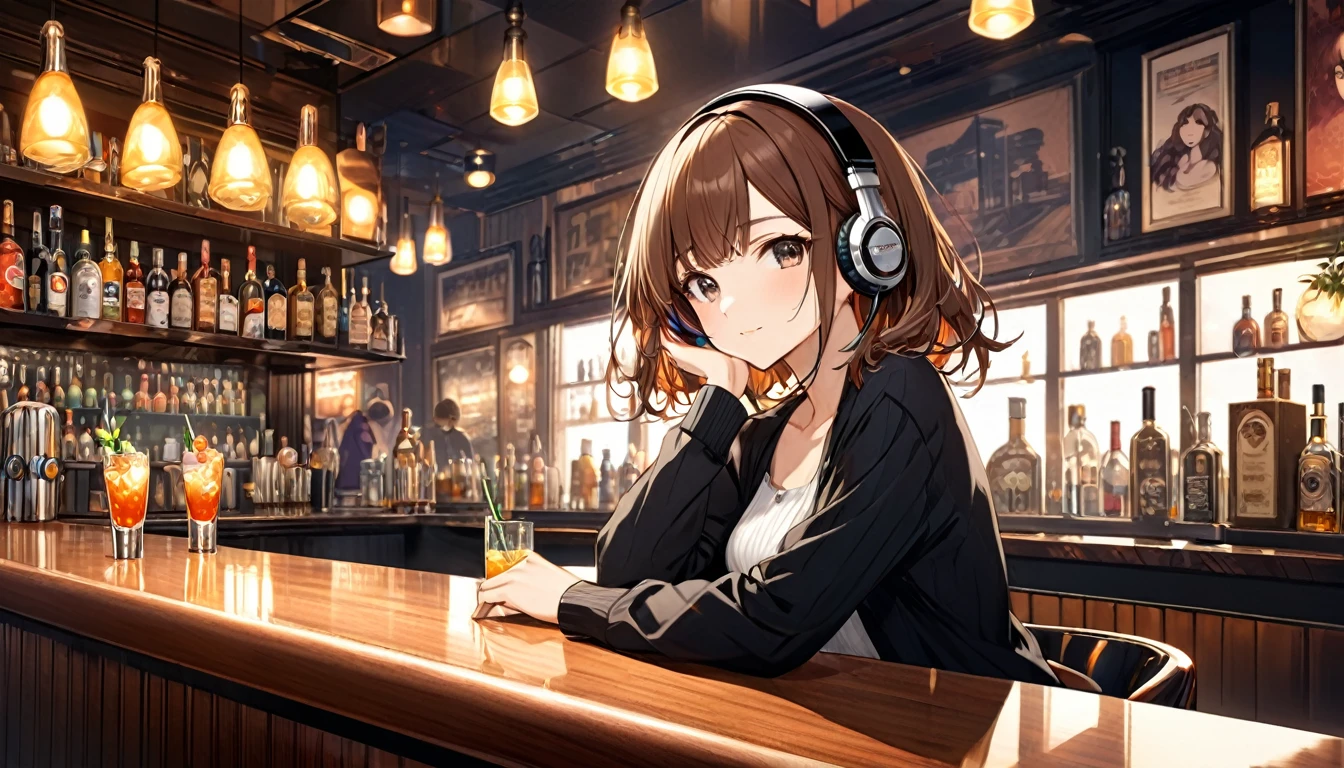 Brown-haired girl wearing headphones、Retro bar highly detailed、masterpiece, Highest quality, Light background:The interior look of a retro bar:A calm expression on her face, cocktail in hand:Casual bar style pose:Sitting at the bar counter:A quiet atmosphere in a jazz bar
(Detailed fingers), (Emotional), (Breathtakingly beautiful), (main part:1.2 Whole body), (Anime Style), (Very detailed), (超High resolution, High resolution), (8k), (Complex and beautiful: 1.2)