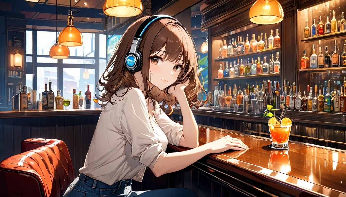 Brown-haired girl wearing headphones、Retro bar highly detailed、masterpiece, Highest quality, Light background:The interior look of a retro bar:A calm expression on her face, cocktail in hand:Casual bar style pose:Sitting at the bar counter:A quiet atmosphere in a jazz bar
(Detailed fingers), (Emotional), (Breathtakingly beautiful), (main part:1.2 Whole body), (Anime Style), (Very detailed), (超High resolution, High resolution), (8k), (Complex and beautiful: 1.2)
