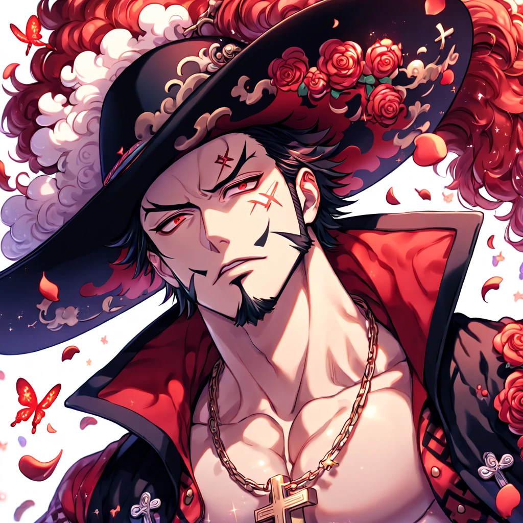 absurdres, highres, ultra detailed, HDR, master piece, best quality, extremely detailed, Dracule Mihawk, black hair, expressive red eyes, One Piece, solo, sexy man, handsome, wide-brimmed black hat decorated with a large plume, open black coat with a red velvet inside, without shirt, red flower-patterned sleeves, close up, cross necklace, solo, sexy man, handsome, close up, cross, red butterflies, petals, magical, red roses, fantasy, red water, starry sky