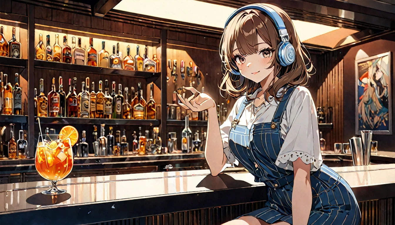 Brown-haired girl wearing headphones、Retro bar highly detailed、masterpiece, Highest quality, Light background:The interior look of a retro bar:A calm expression on her face, cocktail in hand:Casual bar style pose:Sitting at the bar counter:A quiet atmosphere in a jazz bar
(Detailed fingers), (Emotional), (Breathtakingly beautiful), (main part:1.2 Whole body), (Anime Style), (Very detailed), (超High resolution, High resolution), (8k), (Complex and beautiful: 1.2)