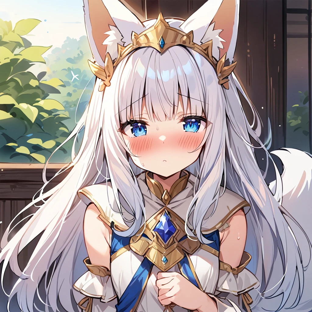 A girl with fox ears, a white fox princess, a sleeveless princess costume, blue eyes, tsundere, blush, a masterpiece, detailed description, detailed line drawing,