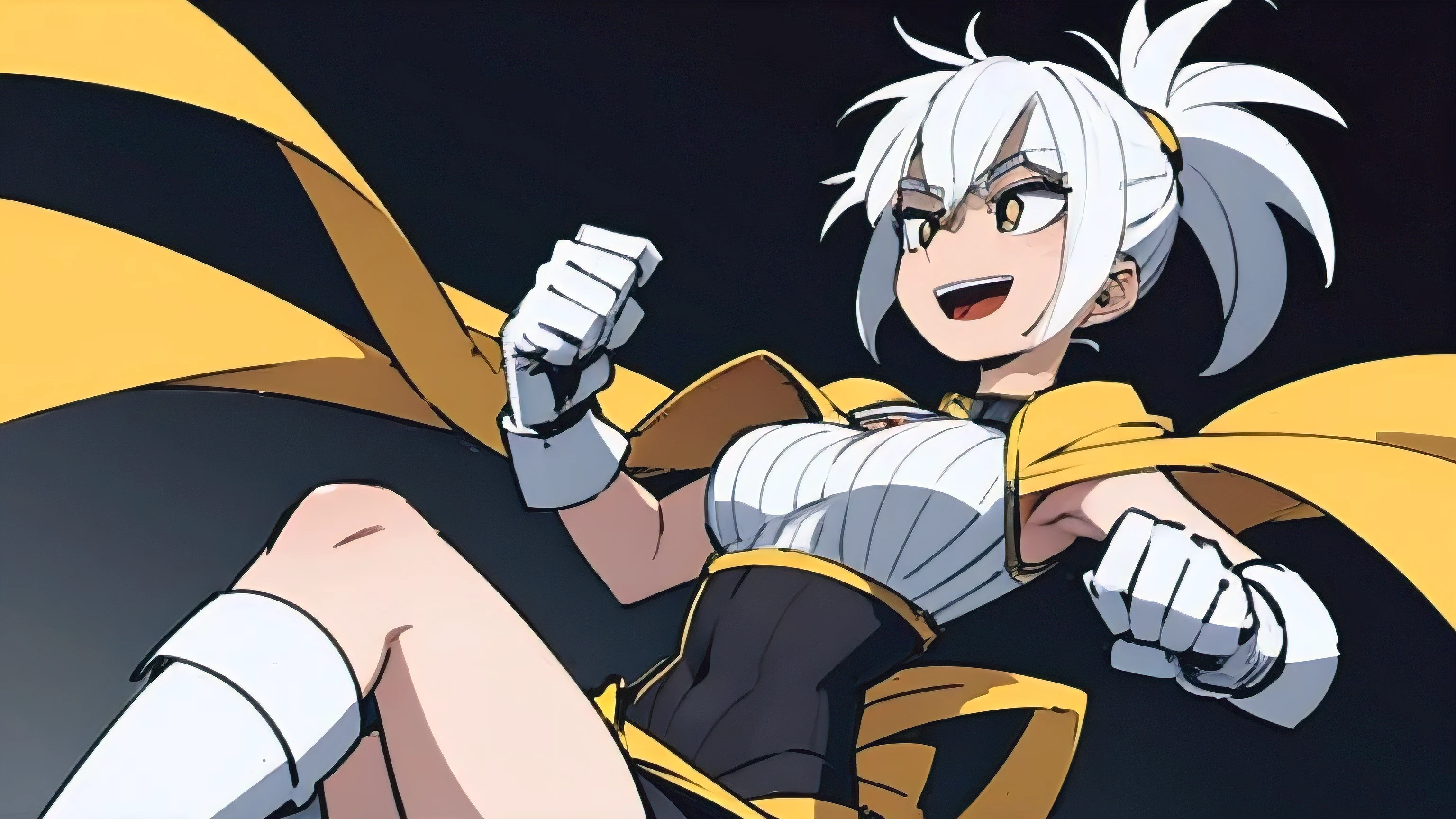 My hero academia art style. Female hero, yellow cape, white gloves, white boots, black costume, blue hair. Short hair, ponytail. No extra figures, perfect hands.