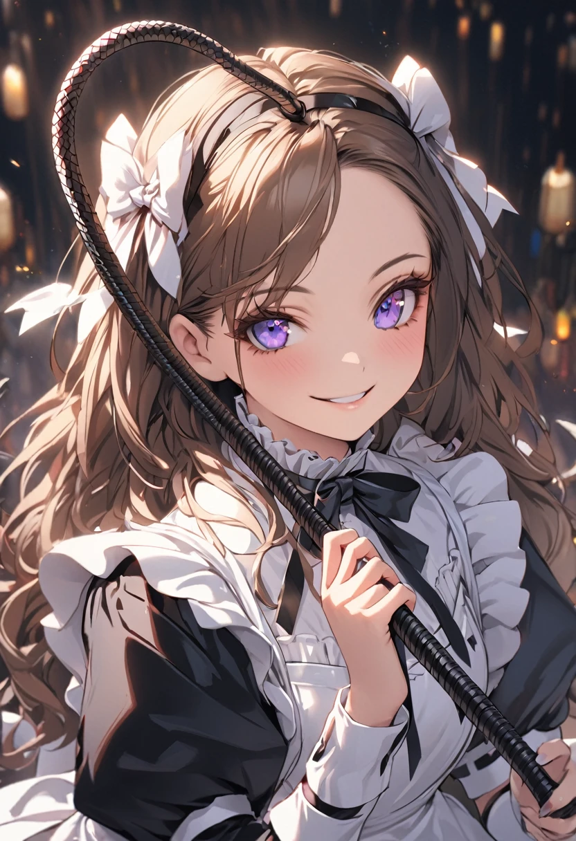 (((Pixel Perfect,Perfect in every detail))), smile,NSWF,lovely，Long leather whip，Long whip!!!!!，cinematic，holding a whip in your hand，Full body portrait，A whip，8k, 15 year old teen,Maid clothes