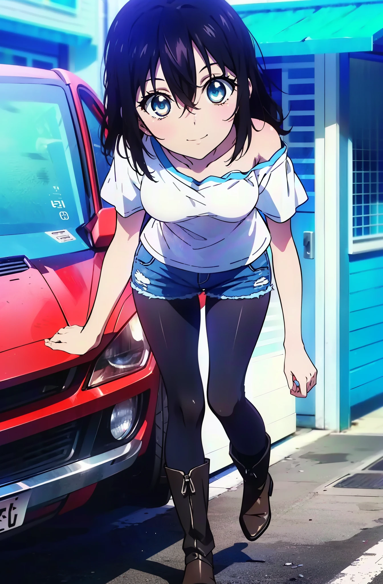 Himeragi Yukina, Brown eyes, Black Hair, Hair between the eyes, Medium Hair, Mid-chest,smile,One-shoulder shirt,Short sleeve,Short denim,Black pantyhose,short boots,Walking,whole bodyがイラストに入るように,Daytime,Clear skies,　　　　　　　　　　　　　　　　　　　break looking at viewer, whole body, 　　　　　　　　break outdoors ,Building district,　　　　　　　　　　　　　 break (masterpiece:1.2), Highest quality, High resolution, unity 8k wallpaper, (shape:0.8), (Beautiful and beautiful eyes:1.6), Highly detailed face, Perfect lighting, Highly detailed CG, (Perfect hands, Perfect Anatomy),