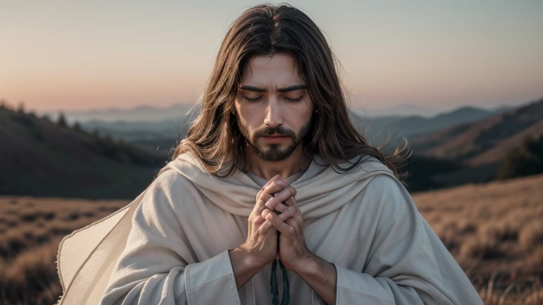 "Create a high-definition image of Jesus Christ in a time of deep prayer. Jesus must be portrayed with a calm and focused look, with hands together in a gesture of prayer. He must be dressed in traditional tunics of the time, with a light-colored cloak that highlights your spiritual presence. The scene should take place in a peaceful natural environment, maybe a hill with a sky at dawn or dusk, providing a soft light that illuminates your face. The background should be subtle and peaceful, with details that evoke a feeling of calm and spirituality."
This prompt should help generate an image that captures the essence of a moment of prayer in a respectful and visually impactful way..