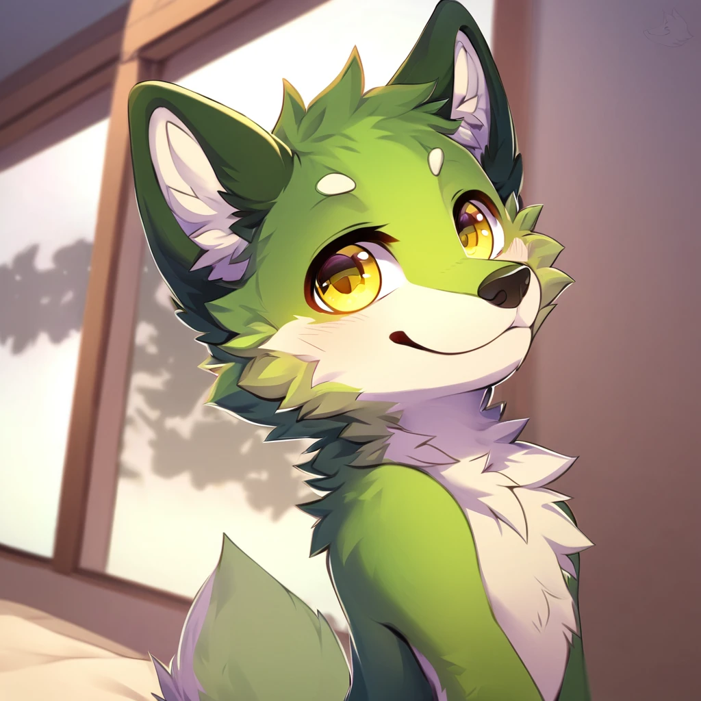 Green wolf , yellow eyes,cute, male