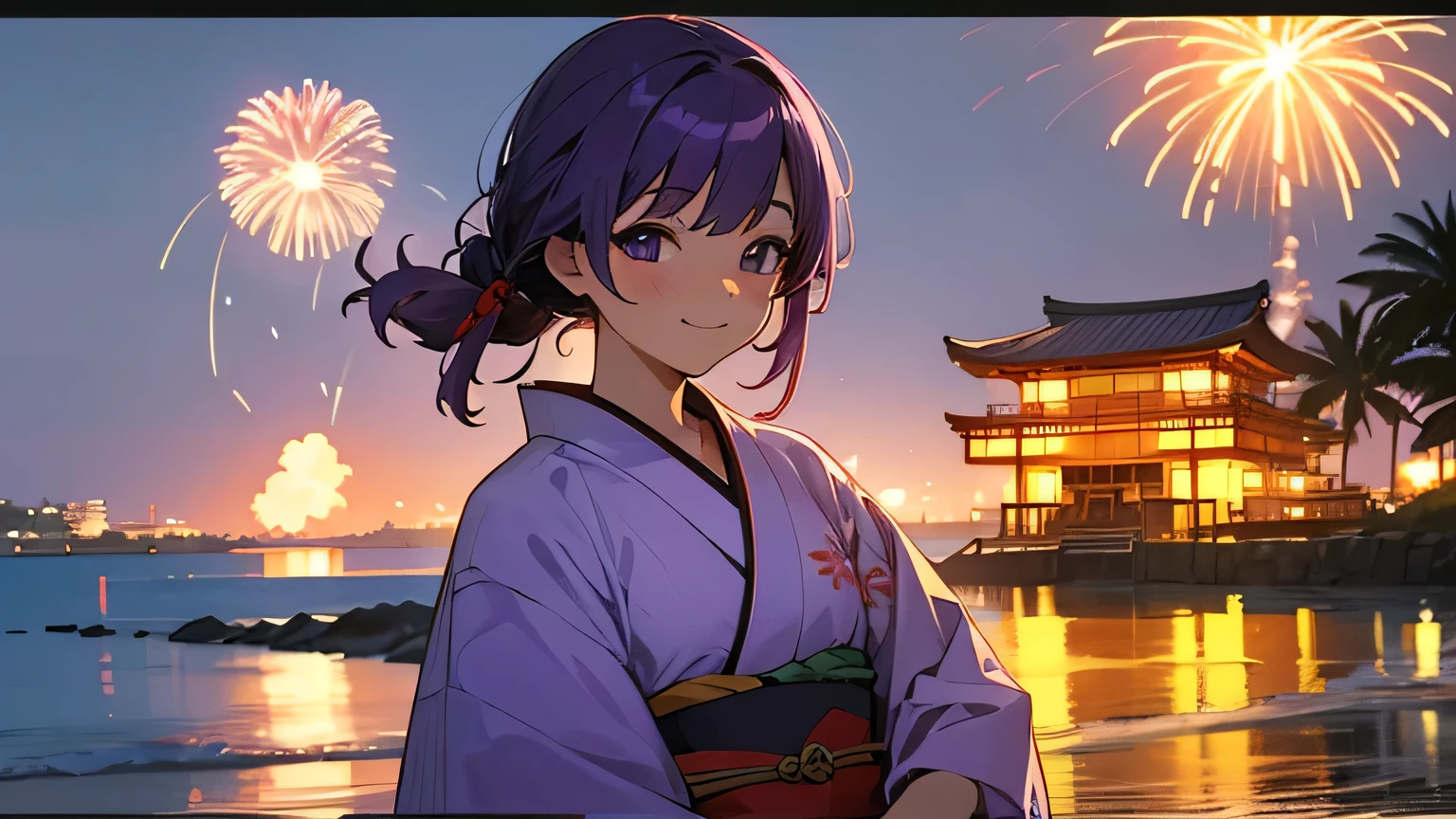 summer, okinawa,beach front house, kimono, purple hair, smile, japanese girl, fireworks