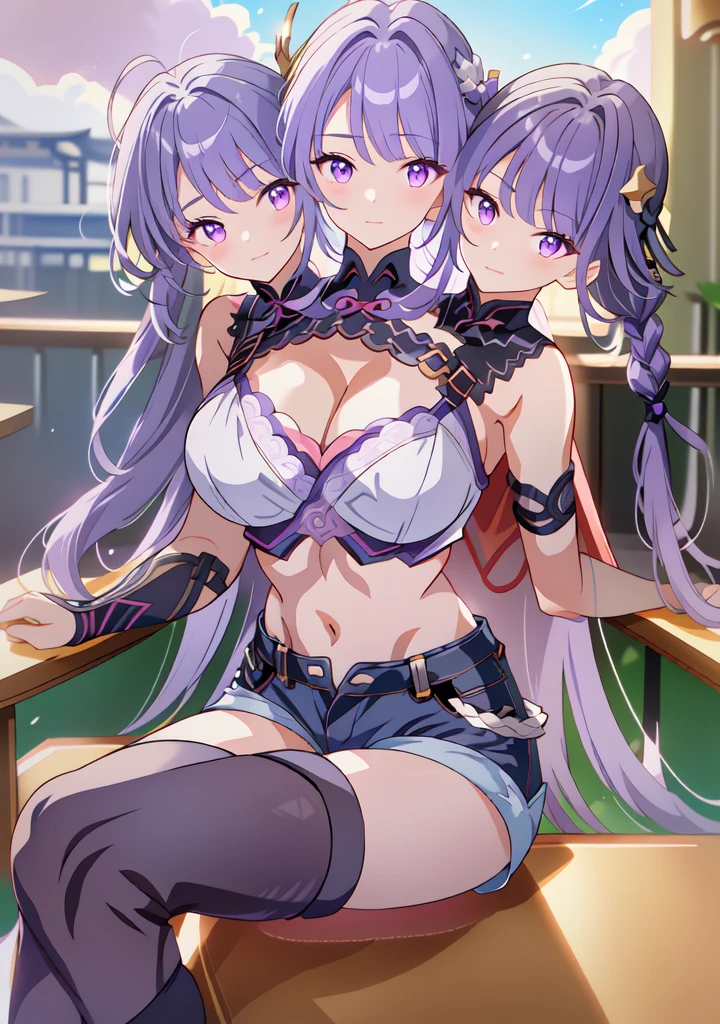 (masterpiece, best quality, ultra-detailed), (3heads:1.5), Raiden shogun \(genshin impact\), (purple hair), cone hair bun, twin tails, long hair, swept bangs, braid, braided bangs, purple eyes, pink eyes,
(wearing a cropped t-shirt:1.2), sitting on a chair outside of caf, embracing the natural beauty, sunlight, beautiful cloudy sky, city, street, denim shorts, black stocking,
very large breasts, thick thighs, critical angle, cowboy shot, arm behind head, arm behind back, armpits, light smile, crop top, strong and seductive expressions,,