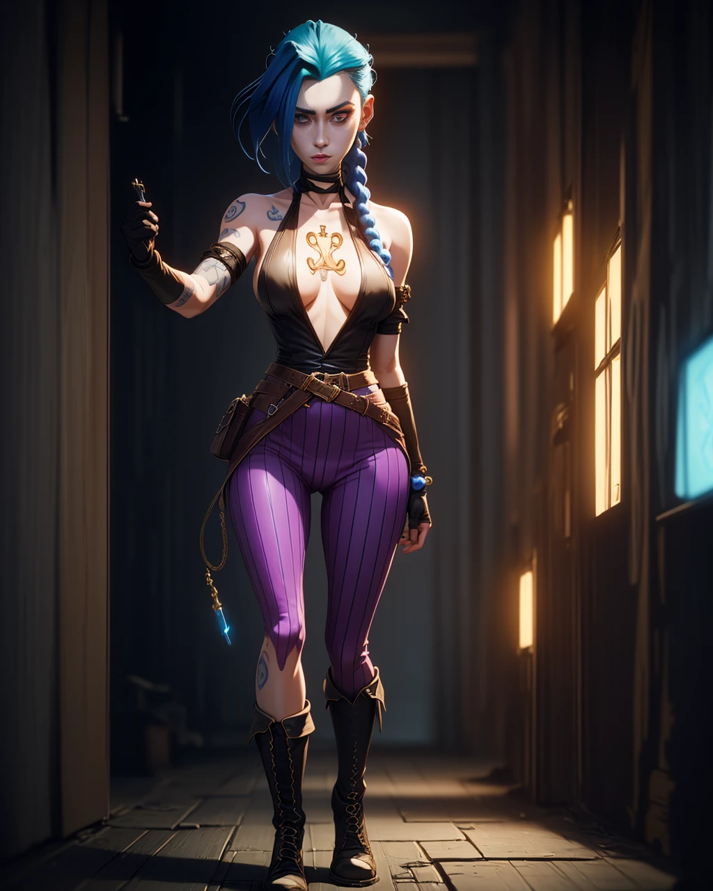 Jinx's character design, Dynamic movements, bare breast, covers the chest with his hands, Swollen ,  butt, kitty, sexypose, Beautiful figure, Arcane's Jinx, Bright blue and purple sparks all around, glowing eyes, Pink glowing eyes, hairlong, hairsh, braided into long braids, Pigtails hang below the knee, Hair color changes from bright blue to navy blue, Dressed in brown breeches, Leather boots on the feet, Top with four gold circles on the chest in the middle of the chest, Blue cloud tattoos on shoulders and waist, Long bangs, hanging on the right side, Belt with cartridges on the belt, Arcane style, extremely detailed CG unity 8k wallpaper, detailed light, Cinematic lighting, chromatic aberration, glittering, expressionless, epic composition, dark in the background, Cherecter Desing, Very detailed, Detailed body, Vibrants, Detailed Face, sharp-focus, anime art, Vibrants, Detailed Face, Hugh Details, sharp-focus, Very drooping face, A detailed eye, super fine illustration, better shadow, finely detail, Beautiful detailed glow, Beautiful detailed, Extremely detailed, expressionless, epic composition,