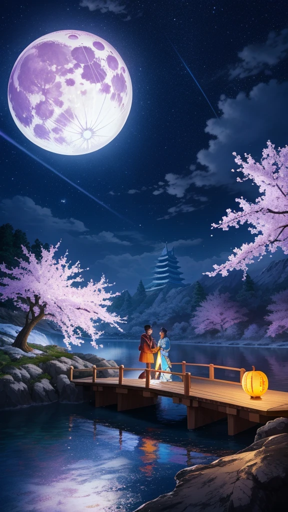 in the middle of a lake, Open lake,The background is the full moon in the center, reflection on the lake,The starry sky is dense,The cherry blossom trees on both sides are arranged symmetrically,Near the banks of the river,A parked car,On the side sat a family of three watching the moon,Chinese fantasy, There are many Kong Ming lanterns floating in the background,moonlit starry sky environment, background artwork, Oriental fantasy, Magnificent background, Magical background, Beautiful wallpaper, blue moon ray tracing, magical dream-like atmosphere, dreamy night, by Yang J, dreamy scenes, Enhance texture