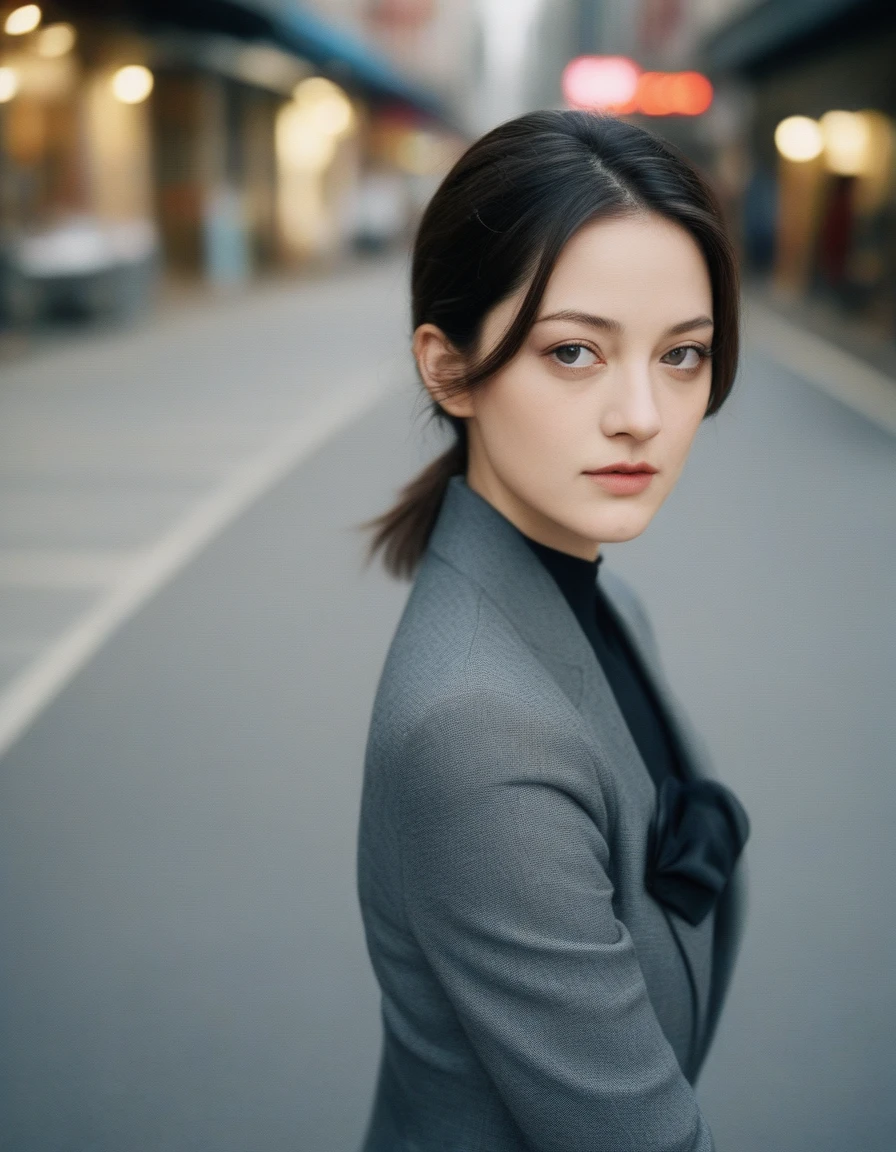 xxmixgirl, quite a bit body of a beautiful cute long and slender face Japanese girl, A gorgeous young cute asian woman in a G.I.Joe Madame Hydra outfit, happy smiling, still from the film, ((young Marion Cotillard face : 1.2)), ((young Anne Hathaway face: 1.0)), from front, realistic portrait photo of a cute 21 years old girl, looks at viewer, wavy nose, full lips, natural skin, skin moles,(cinematic, film grain:1.1), ((asian winged eyes, very long and slender slim face, windy tousled, long straight black pixie cut)), medium breasts, (curvy), black tight combat suit, long straight hair, black hair, wire_frames_glasses, ), medium breasts, blush, seductive, seductive pose, holding gun, running on streets, gun shooting,dark cinematography, cinematic lighting, (Leica SL3, Summicron-SL 75 f/2 ASPH, kodak Ektar 200 film), hands up, bokeh, silhouette, shallowed depth of field, dynamic action pose, hands up,
