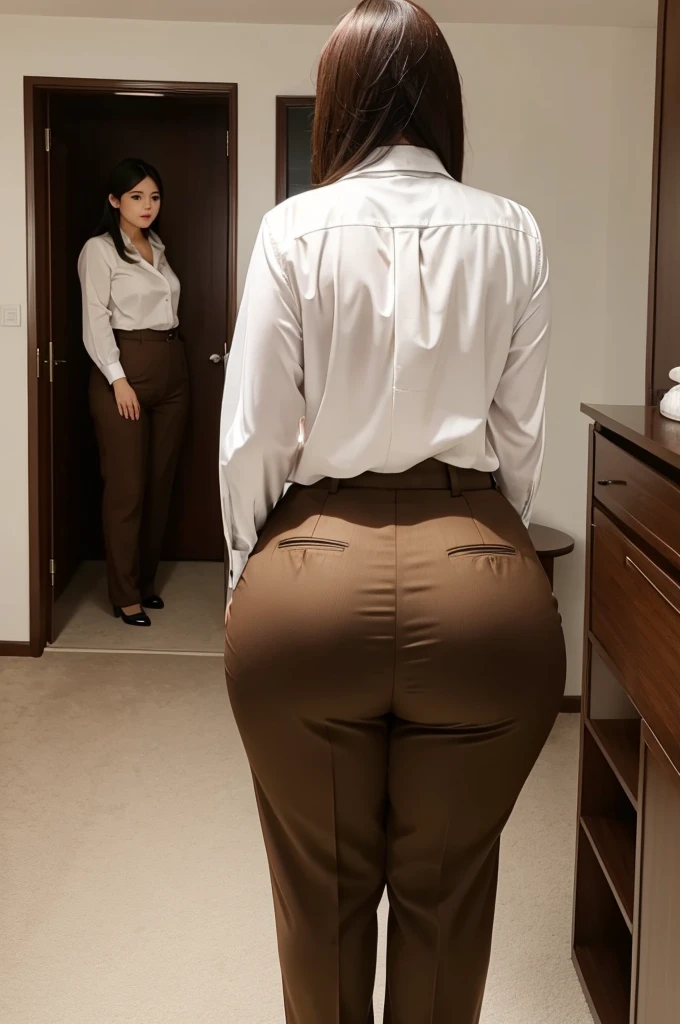 A woman wearing a white shirt and brown suit pants is standing in a room、(Plump huge ass)、Rear view