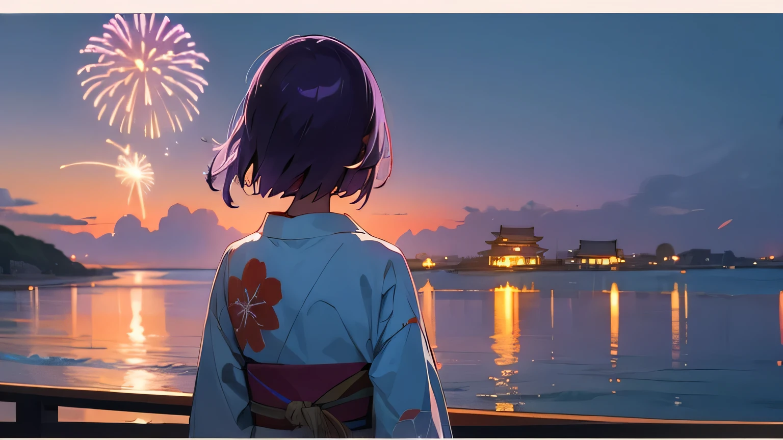 summer, okinawa,beach front house, kimono, purple hair, japanese girl, back view,fireworks