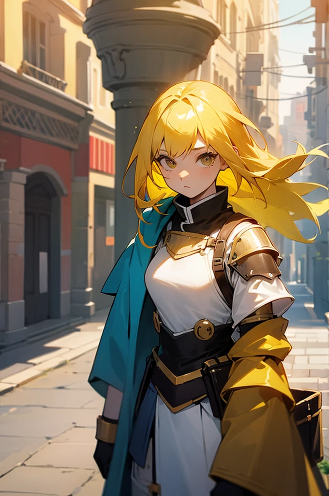 Female ,Young adult, Yellow Hair, Town Background, Knight
