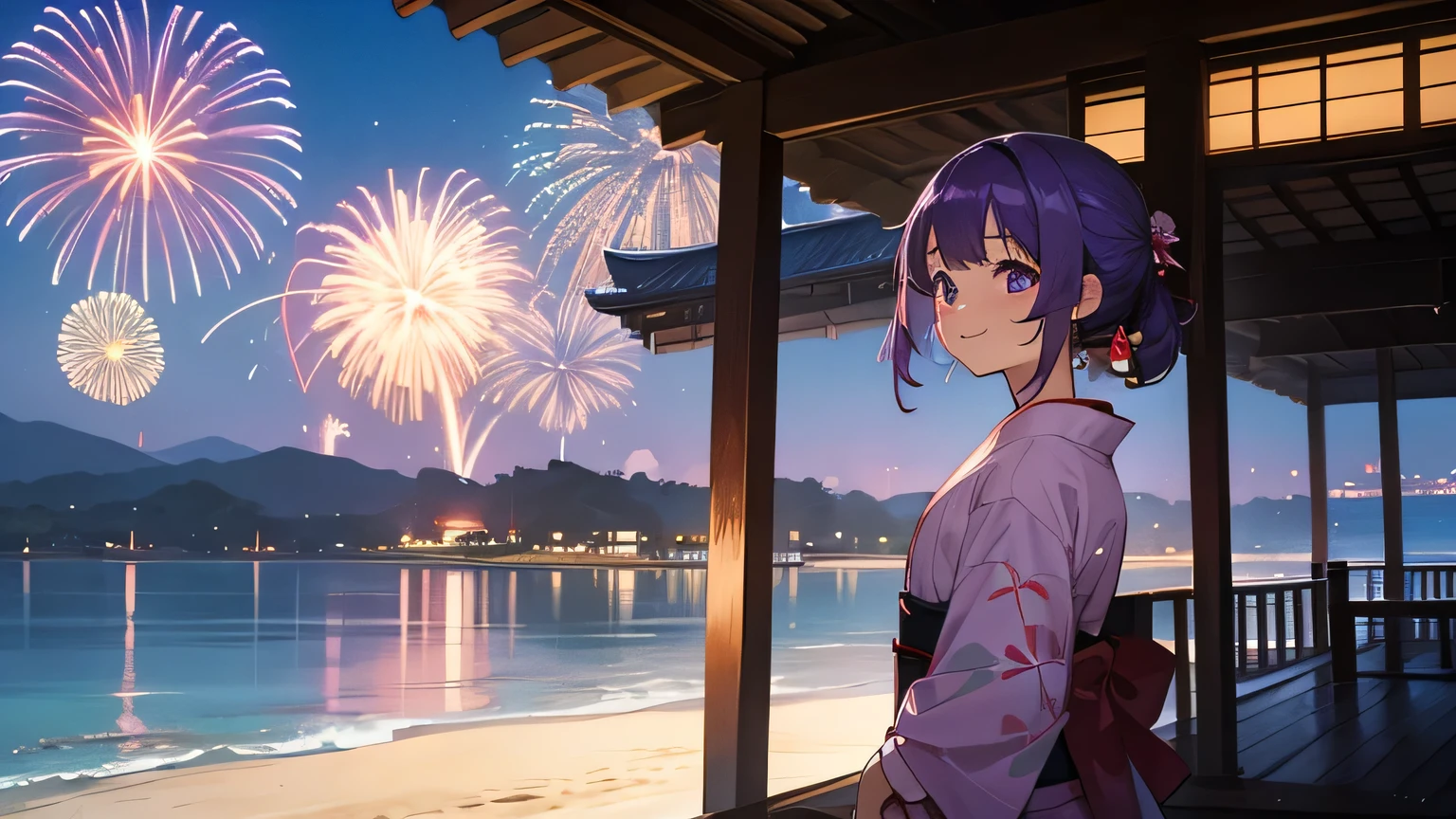 summer, okinawa,beach front house, kimono, purple hair, smile, japanese girl, fireworks