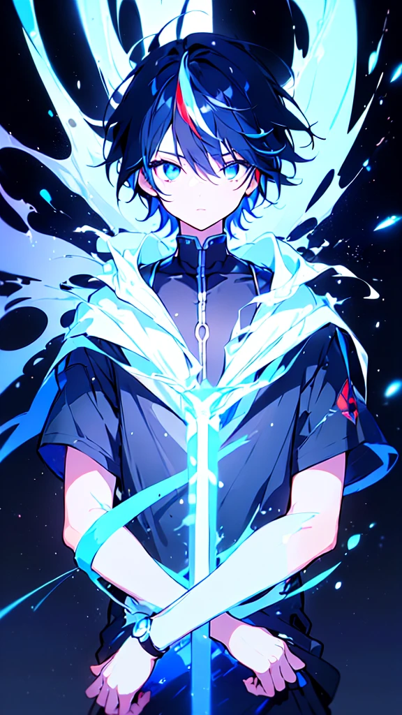 [(BLACK BACKGROUND:1.5),::5], ((((masterpiece)))), high quality, ultra very high resolution, full color, (((solo))), ((little boy)), BLACK hair, ((Blue streaked hair)), (oriental deepblue eyes), anime, ((upper body)), Summer clothes, neon light, black parka,