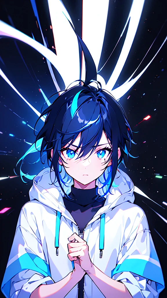 [(BLACK BACKGROUND:1.5),::5], ((((masterpiece)))), high quality, ultra very high resolution, full color, (((solo))), (()), BLACK hair, ((Blue streaked hair)), (oriental deepblue eyes), anime, ((upper body)), Summer clothes, neon light, black parka,