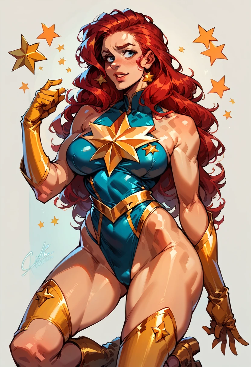 masterpiece, Sexy, Superheroine, Red hair, long hair, busty, ((blue highleg leotard with a t-back thong and a gold star insignia on chest)), gold boots, gold gloves,