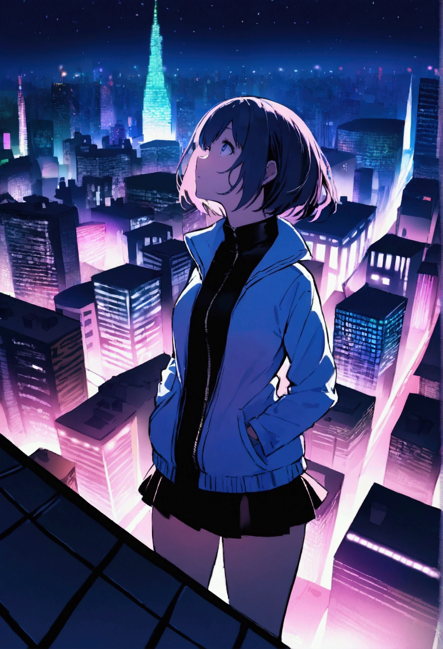 1 girl with short hair, wearing a light jacket and short skirt, standing on top of a building, hands in pockets, looking up at the sky, dark city night, ((with colorful city lights)) (the city background is a bit blurry), night (( HD desktop wallpapers ),