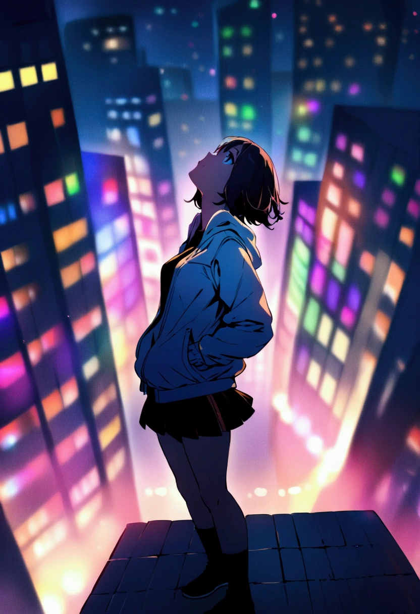 1 girl with short hair, wearing a light jacket and short skirt, standing on top of a building, hands in pockets, looking up at the sky, dark city night, ((with colorful city lights)) (the city background is a bit blurry), night (( HD desktop wallpapers ),