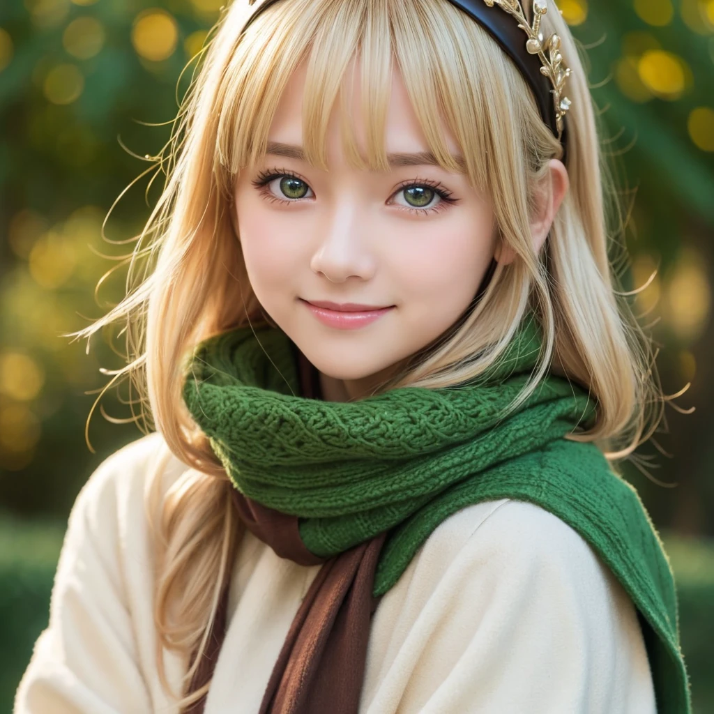 1girl, solo, looking at viewer, blush, smile, bangs, blonde hair, simple background, long sleeves, holding, closed mouth, green eyes, jacket, upper body, medium hair, scarf, crown, brown background