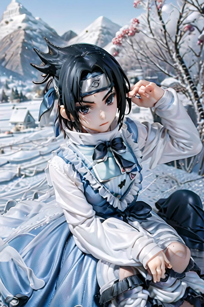 masterpiece, best quality, 1boy, uchiha sasuke, black hair, black eyes, forehead protector, shirt, upper body, looking at viewer, outdoors, winter, snow, trees, moutains in background wearing victorian era princess dress sitting down kneeling
