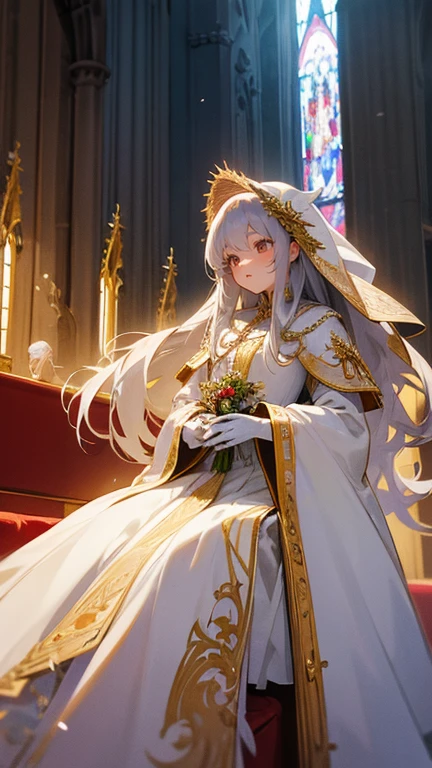 In front of the altar of a majestic church、girl with long silver hair, Classic White Wedding Dresses、ceremonial robes, mass vestment, long white embroidered gloves, enormous puffy sleeves, long cuffs with many buttons, golden embroidery, cross details, Long Train, lots of frills and lace, red cape, 5 fingers, casting a magic spell
