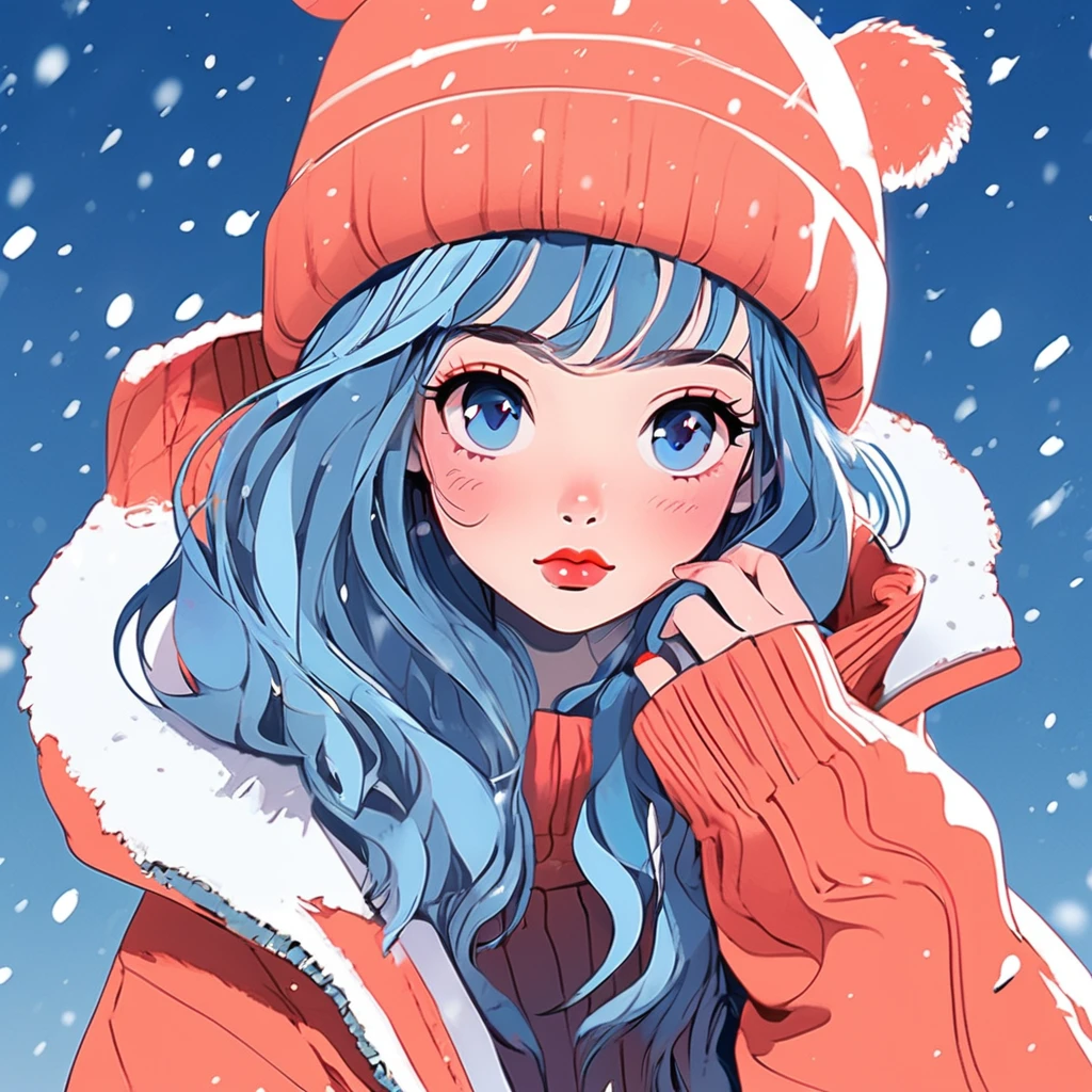 Illustrator, anime , Realistic ,sketch , One girl, ,lip, sweater,order, Blue gradient background, Neon Hair,textured crop, Canadian, (masterpiece,Highest quality)、winter、snow