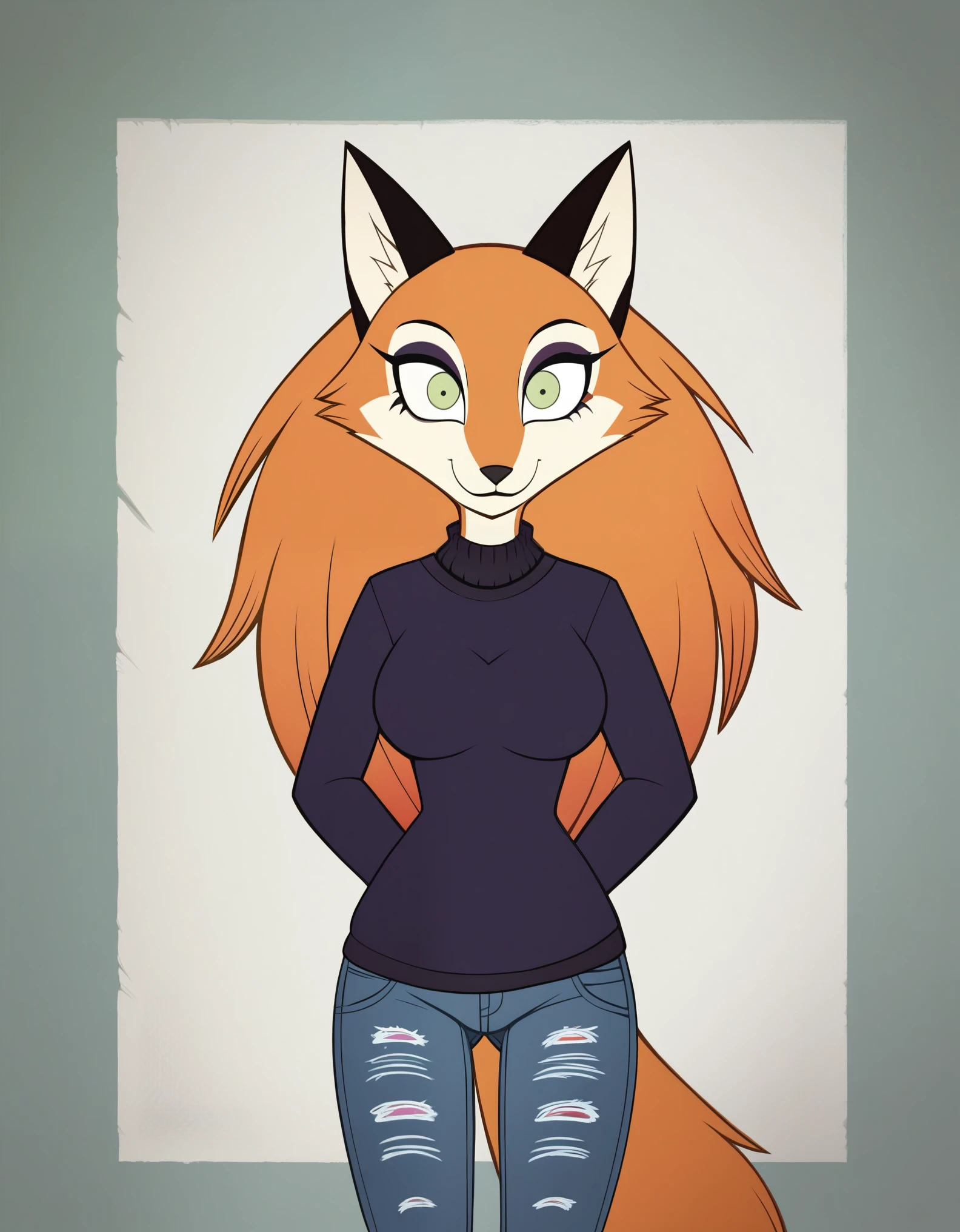 score_9, score_8_up, score_7_up, rating_safe, digital_media_(artwork) hi_res, beautiful, intricate, high quality details, highly detailed, anthro, furry, female, detailed textured fur, fur tufts, fluffy, slim, slender, cute, sweater, baggy denim jeans, detailed sexy eyes, coy smile, solo, SFW, fox, long hair, multicolored hair, streaked hair, absurdres, highres, goth, heavy eyeliner, heavy eye shadow, breasts, WolfWalkers_Studio_Saloon_Style