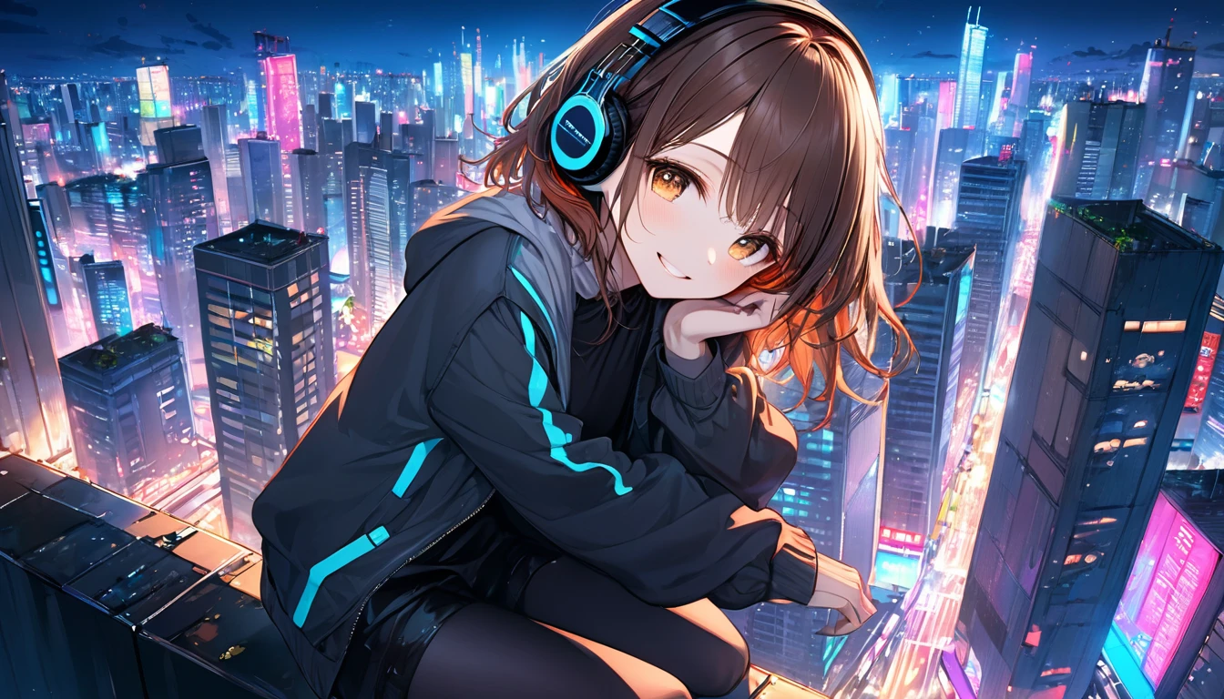 Brown-haired girl wearing headphones、City night view highly detailed、masterpiece, Highest quality, Light background:Skyscrapers and neon cityscape:Relaxed smiling outfit:Casual urban style pose:A rooftop view overlooking the city:Night view of the city enveloped in neon lights
(Detailed fingers), (Emotional), (Breathtakingly beautiful), (main part:1.2 Whole body), (Anime Style), (Very detailed), (超High resolution, High resolution), (8k), (Complex and beautiful: 1.2)