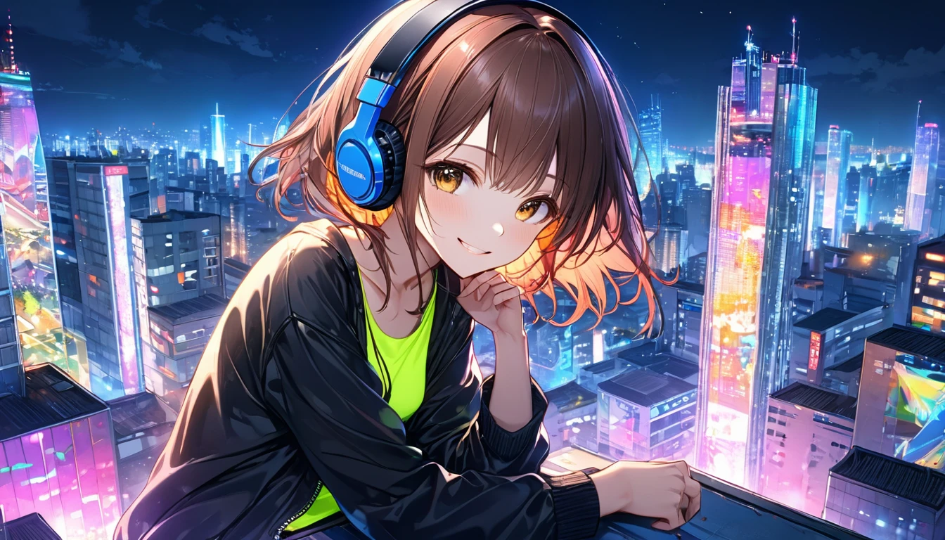 Brown-haired girl wearing headphones、City night view highly detailed、masterpiece, Highest quality, Light background：Skyscrapers and neon cityscape：Relaxed smiling outfit：Casual urban style pose：A rooftop view overlooking the city：Night view of the city enveloped in neon lights
(Detailed fingers), (Emotional), (Breathtakingly beautiful), (main part:1.2 Whole body), (Anime Style), (Very detailed), (超High resolution, High resolution), (8k), (Complex and beautiful: 1.2)
