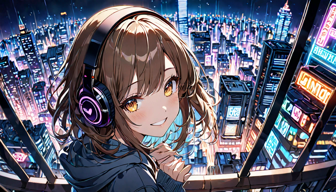 Brown-haired girl wearing headphones、City night view highly detailed、masterpiece, Highest quality, Light background：Skyscrapers and neon cityscape：Relaxed smiling outfit：Casual urban style pose：A rooftop view overlooking the city：Night view of the city enveloped in neon lights
(Detailed fingers), (Emotional), (Breathtakingly beautiful), (main part:1.2 Whole body), (Anime Style), (Very detailed), (超High resolution, High resolution), (8k), (Complex and beautiful: 1.2)
