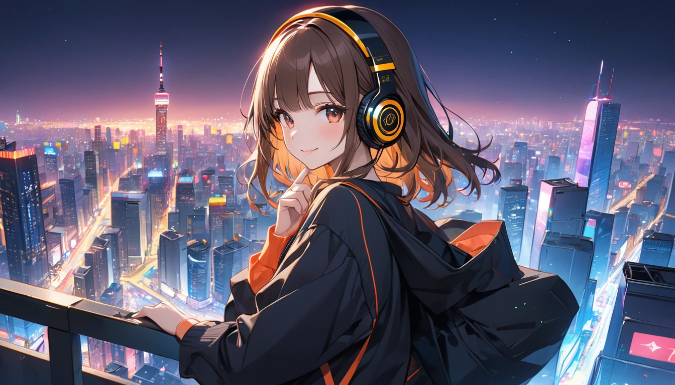 Brown-haired girl wearing headphones、City night view highly detailed、masterpiece, Highest quality, Light background:Skyscrapers and neon cityscape:Relaxed smiling outfit:Casual urban style pose:A rooftop view overlooking the city:Night view of the city enveloped in neon lights
(Detailed fingers), (Emotional), (Breathtakingly beautiful), (main part:1.2 Whole body), (Anime Style), (Very detailed), (超High resolution, High resolution), (8k), (Complex and beautiful: 1.2)