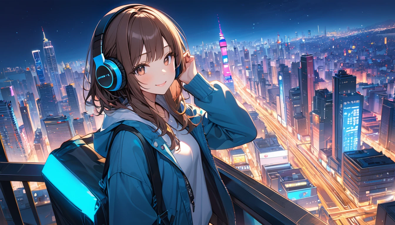 Brown-haired girl wearing headphones、City night view highly detailed、masterpiece, Highest quality, Light background：Skyscrapers and neon cityscape：Relaxed smiling outfit：Casual urban style pose：A rooftop view overlooking the city：Night view of the city enveloped in neon lights
(Detailed fingers), (Emotional), (Breathtakingly beautiful), (main part:1.2 Whole body), (Anime Style), (Very detailed), (超High resolution, High resolution), (8k), (Complex and beautiful: 1.2)
