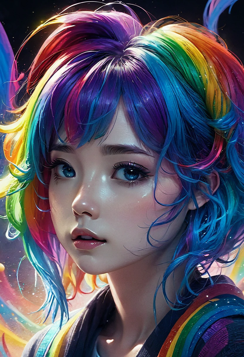 Cute sexy girl, Rainbow Hair, , Surreal, Detailed lighting, Japanese animation