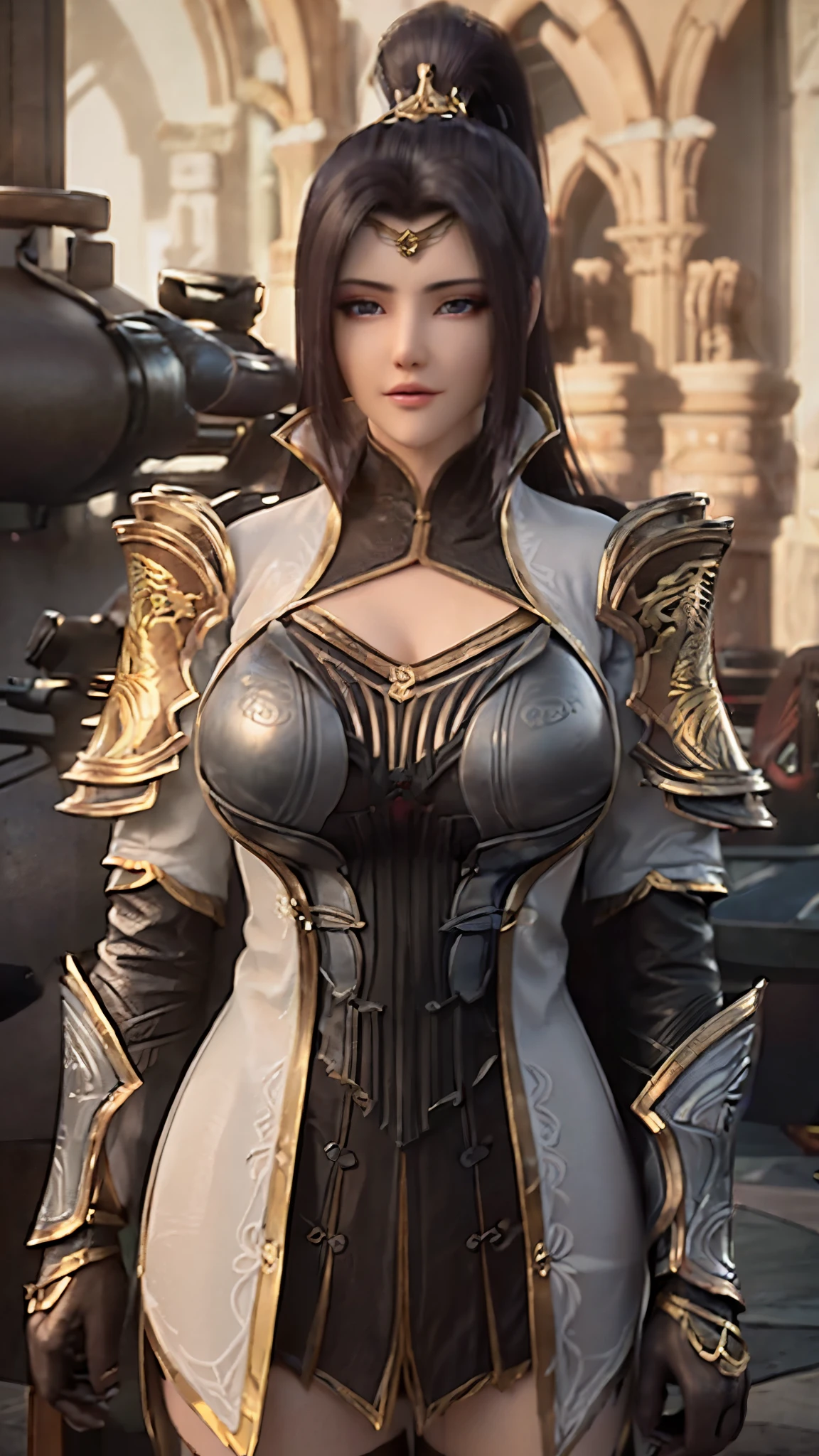 TEKKEN_REINA, CLOSE UP UPPER BODY,SOLO, COWBOY SHOT, ((EVIL DRAGON HELM,WHITE HIGHT PONYTAIL HAIR)), (GIGANTIC FAKE BREASTS,CLEAVAGE TOP,11 LINE ABS:1.5), ((WEARING OUTFIT WARRIOR TRADITIONAL CHINESE GODDESS FULL ARMORED,BREASTPLATE ARMOR:1.5)), (MUSCULAR BODY SHAPE:1.5), (CLEAN GLOSSY BODYSKIN:1.5), (LOOKING AT VIEWER:1.6), (BACKGROUND FUTURISTIC SPACE STATION:1), (PHOTOREALSITIC:1.4), (ULTRA-DETAILLIERT), (TOP-QUALITY), (BEST SHADOWS), BRIGHT LIGHT IN ROOM, HYPER TEXTURE, (4X MSAA), ((UNREAL ENGINE 5 RENDER)), (NEON), PHYSICALLY-BASED RENDERING, ULTRA HIGHT DEFINITION, 16K, 1080P.