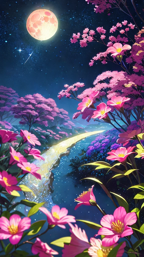 paint (strokes)+, atmosphere, nature scenery, aspect ratio 1:1, raytracing, Bokeh, smooth, (colorful), (detailed complex busy background: 0.8), fantasy flowers, (night:1.4), intricate details, beautiful glitters, flat illustration, detail love, (ultra-detailed), photon mapping, ((intricate details)), (big pink moon)