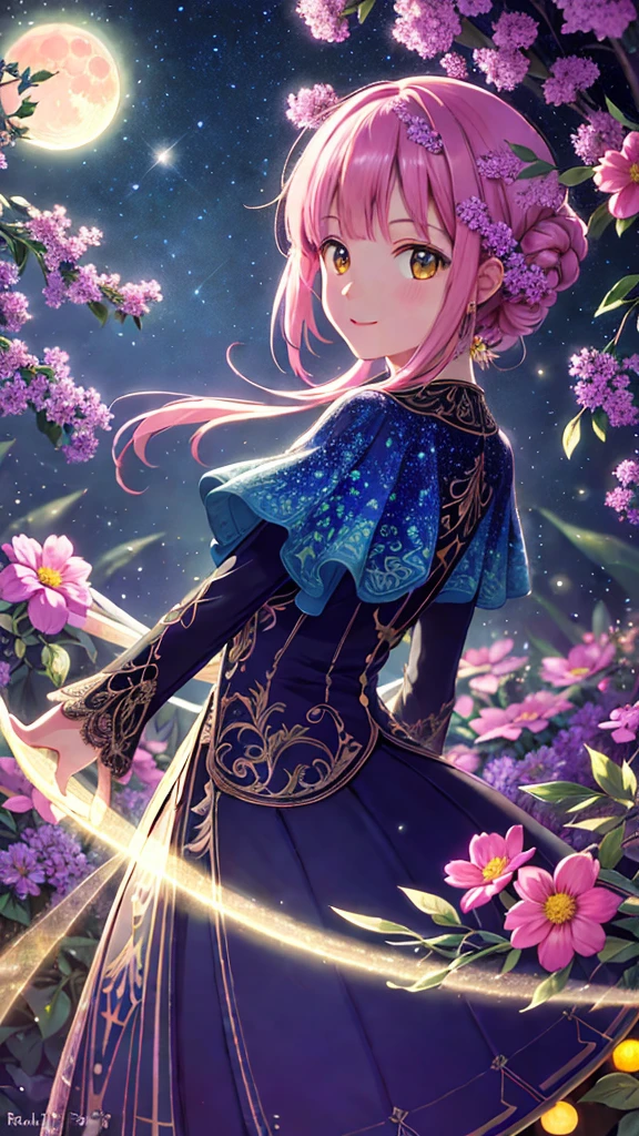 paint (strokes)+, atmosphere, nature scenery, aspect ratio 1:1, raytracing, Bokeh, smooth, (colorful), (detailed complex busy background: 0.8), fantasy flowers, (night:1.4), intricate details, beautiful glitters, flat illustration, detail love, (ultra-detailed), photon mapping, ((intricate details)), (big pink moon)