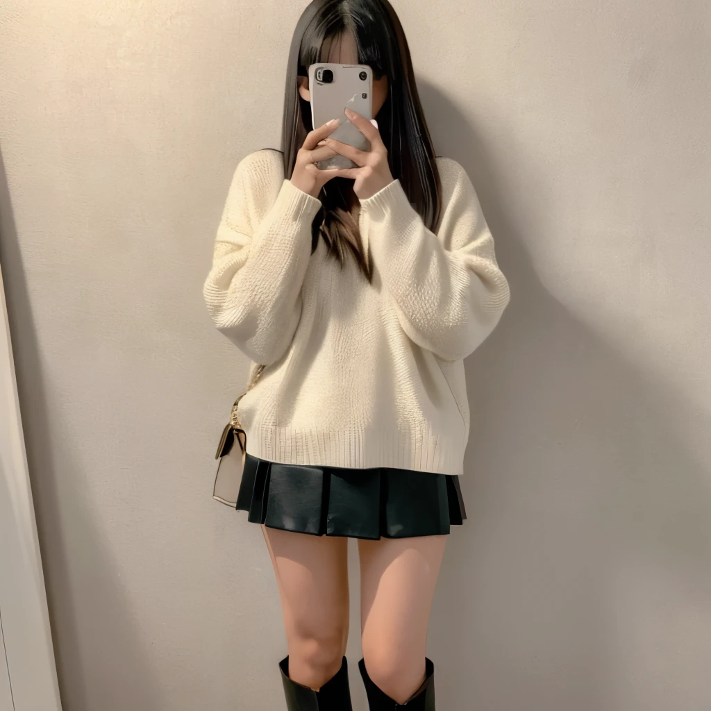 ((Best quality, 8k, Masterpiece :1.3)), A young Japanese woman, 20-years-old, is seen in a mirror, taking a selfie. She is wearing a white shirt over a beige sweater, accentuating her slightly chubby figure. A black leather mini skirt adds a touch of edginess to her outfit. On her face, a black mask covers her eyes, leaving only a sliver of her smile visible. The toes of her black ankle boots are still visible under the hem of her skirt. She holds an iPhone in one hand, capturing her image perfectly. The photo is a professional masterpiece, with a lifelike resolution, highlighted by flaw