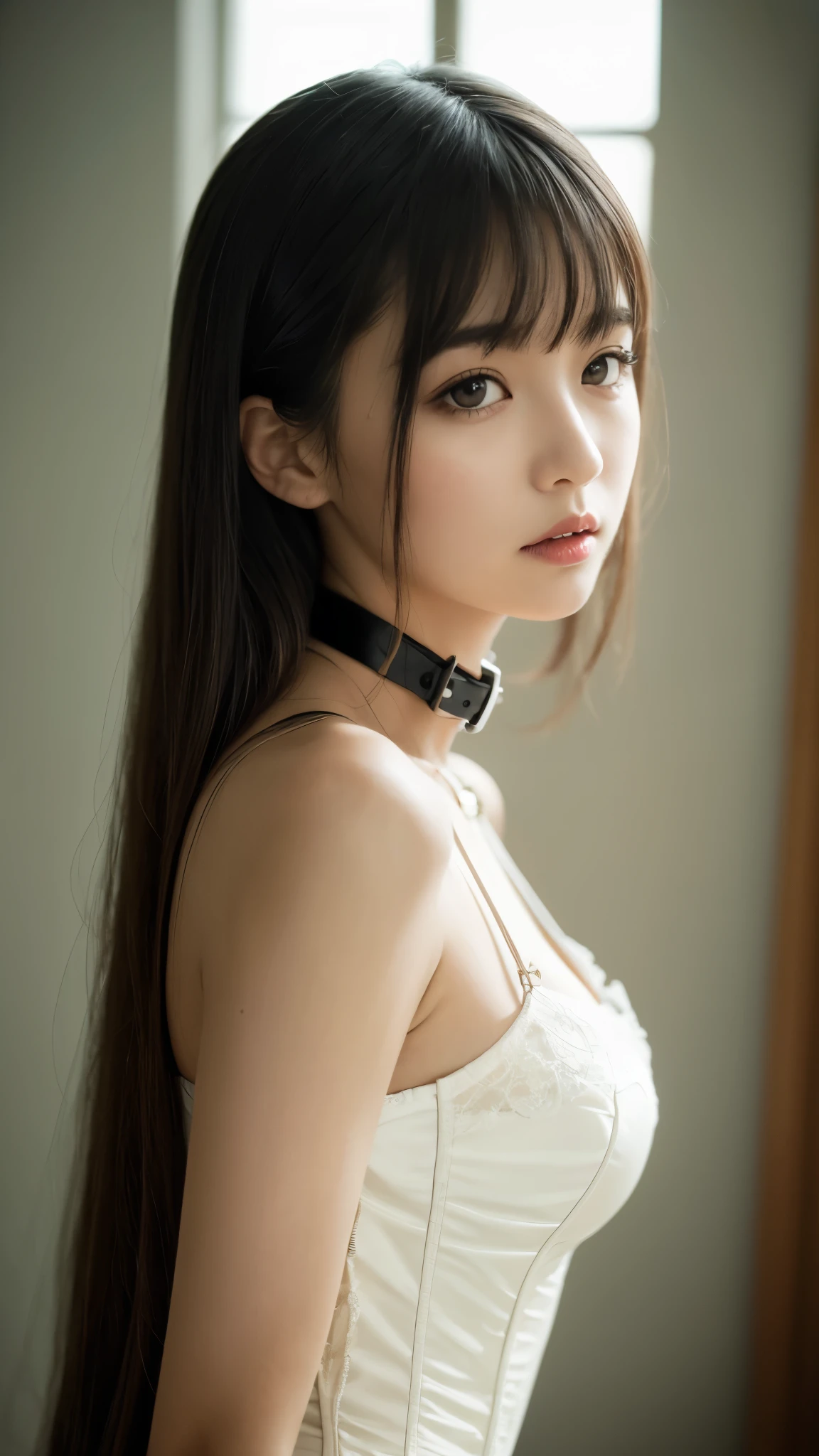 Browsing Caution, masterpiece, Highest quality, 8k, 1 girl, 20 I, Please open your mouth a little, Ambiguous language, close, close up of face, alone, cute, Girlish, Delicate girl, Pure beauty, RAW Photos, Professional photography, Portraiture, Soft Light, Professional Lighting, Backlight, I look forward to meeting you, Sophisticated, Film Grain, (Eye and facial details:1.0), Big breasts and long hair floating, Black corset, bondage, collar,beautiful, Flowing Hair, Hunchback、bangs, whole body