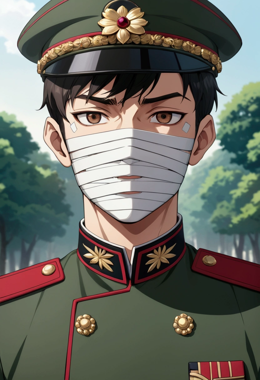 Cool guy、He was injured and had gauze on his face.、Head bandage、Green military uniform、Brown eyes、Anime Style