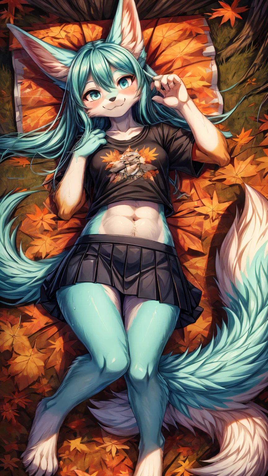 The best quality, Japanese Teen Hatsune Miku x Kitsune , fox face elongated snout add-detail, Surprise face, sweaty body, add heated_detail,, kitsune warrior in the forest add_detail:1, add barefoot_detail:1 mystical aura, lying in the autumn leaves top view of full cupero, daimakura, black navel t-shirt, black pleated mini skirt