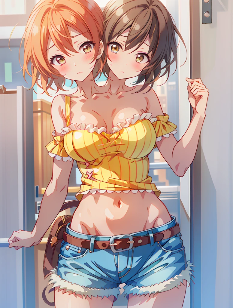 Hoshizora rin, Best Quality,(beauty), 1girl,phisically-based render ,ultra highres,(cowboy shot:1.5),narrow waist, skinny, big eyes,long legs,torn shorts, leather belt,h uge breasts,puffy eyes, leather belt,(rainy city), shiny skin, facing viewer, Victory posture,(midriff:0.7), sweating, flying sweat drops,off shoulder, conjoined_dicephalus, (two heads:1.3)