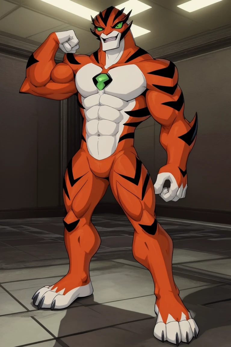 score_9, score_8_up, score_7_up, score_6_up, score_5_up, score_4_up,((rath(ben 10),male furry)), green eyes, (pose:1.3), (posing:1.3), (soft shading), 4k, hi res, five fingers, detailed hands, ((detailed face, (detailed eyes:1.3), detailed)), (((full body))),show legs,show feet,(by gammachaos:1.5), solo, looking at viewer, 1boy, standing, full body, male focus,((topless,bottomless)), abs, biceps, flexing, smile,