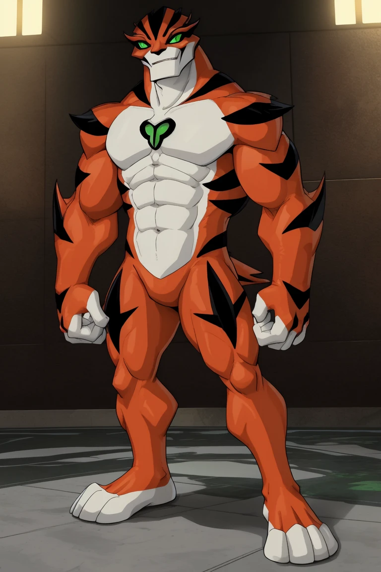 score_9, score_8_up, score_7_up, score_6_up, score_5_up, score_4_up,((rath(ben 10),male furry)), green eyes, (pose:1.3), (posing:1.3), (soft shading), 4k, hi res, five fingers, detailed hands, ((detailed face, (detailed eyes:1.3), detailed)), (((full body))),show legs,show feet,(by gammachaos:1.5), solo, looking at viewer, 1boy, standing, full body, male focus,((topless,bottomless)), abs, biceps, flexing, smile,