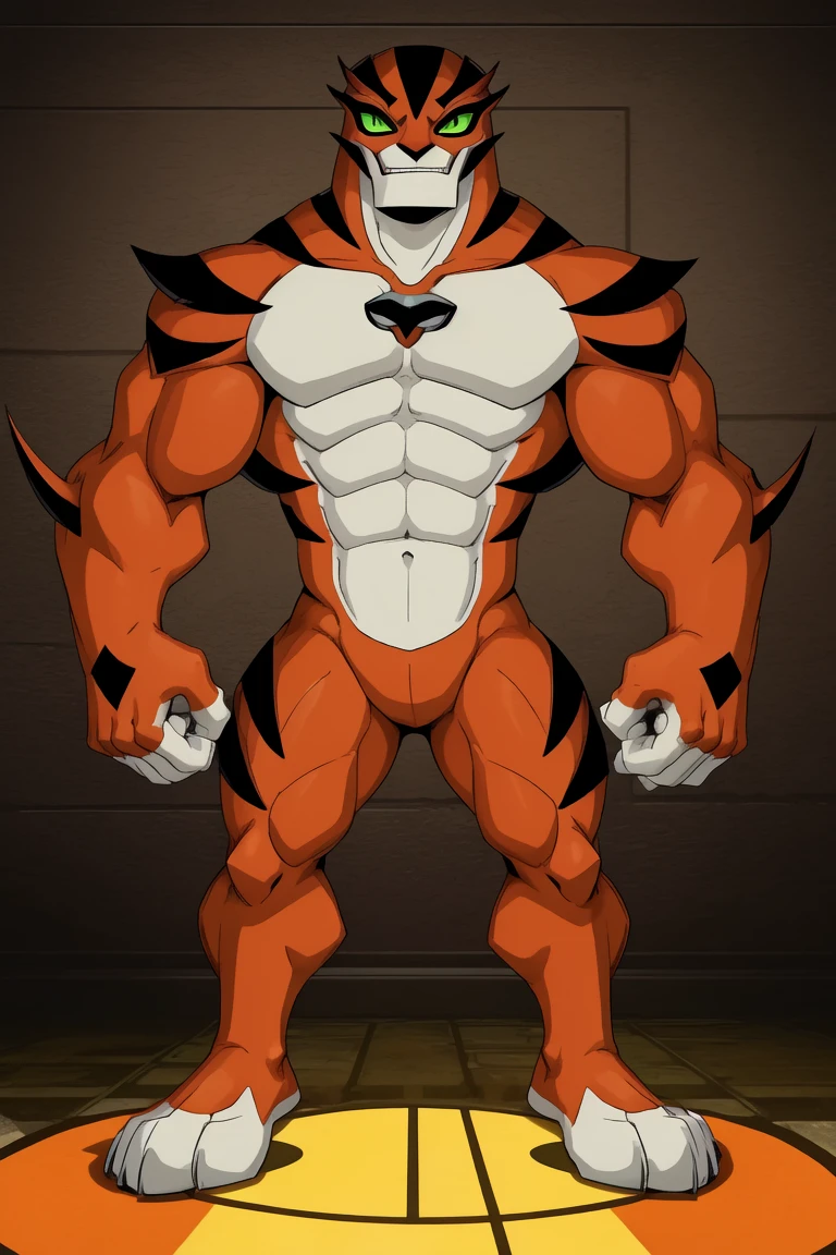 score_9, score_8_up, score_7_up, score_6_up, score_5_up, score_4_up,((rath(ben 10),male furry)), green eyes, (pose:1.3), (posing:1.3), (soft shading), 4k, hi res, five fingers, detailed hands, ((detailed face, (detailed eyes:1.3), detailed)), (((full body))),show legs,show feet,(by gammachaos:1.5), solo, looking at viewer, 1boy, standing, full body, male focus,((topless,bottomless)), abs, biceps, flexing, smile,