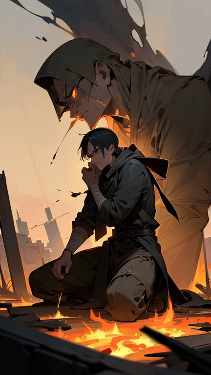 The hero, kneeling among the burning ruins, holds his dead friend. Tears in his eyes and clenched jaw show his pain. His expression (well detailed) changes to fury as the traitor walks away into the distance. 2.5d anime style with vertical image format. a single detailed panel