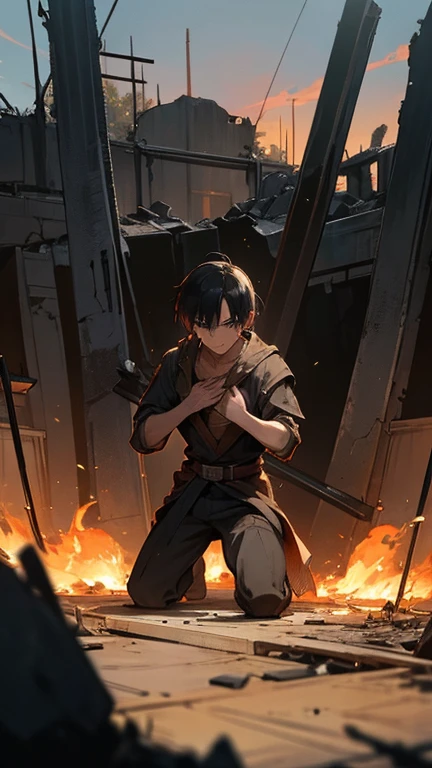 The hero, kneeling among the burning ruins, holds his dead friend. Tears in his eyes and clenched jaw show his pain. His expression (well detailed) changes to fury as the traitor walks away into the distance. 2.5d anime style with vertical image format. a single detailed panel