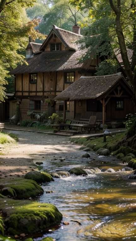 a village surrounded by dense forest, rustic village, medieval village, thatched roof houses, cobblestone streets, moss-covered trees, sunlight filtering through the leaves, old wooden bridges, small river running through the village, smoke rising from chimneys, elderly villagers sitting on benches, children playing in the streets, (best quality,4k,8k,highres,masterpiece:1.2),ultra-detailed,(realistic,photorealistic,photo-realistic:1.37),landscape, muted colors, warm lighting, cinematic
